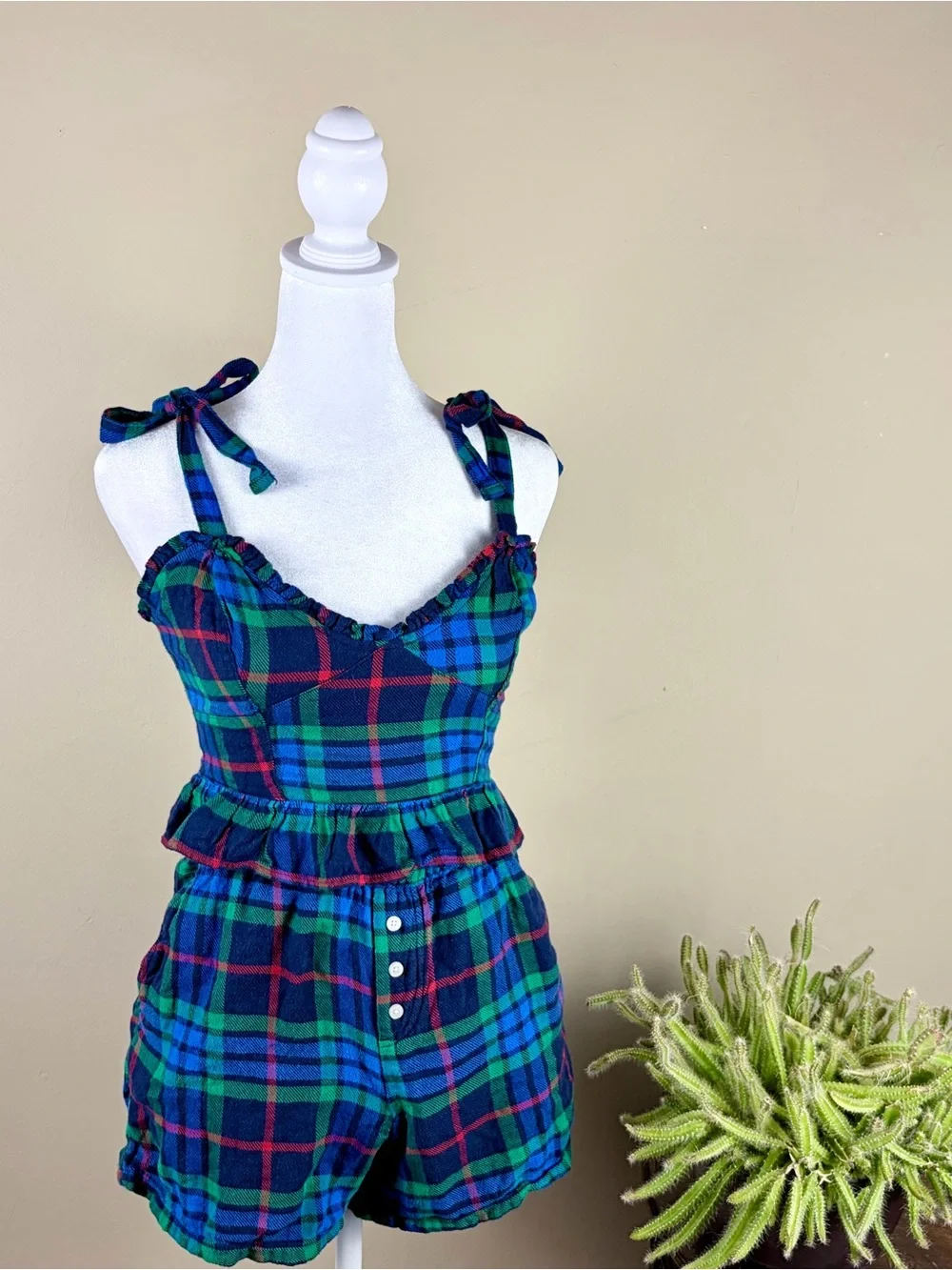 Aerie Plaid Flannel 2 Piece Lounge Set Size XS Ruffle Tank and Boxers Coquette
